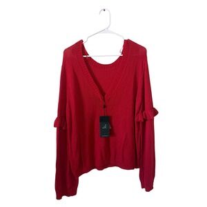 The Fifth Label Juno Knit Red V-Neck‎ Ruffle Sleeve Sweater NWT Size XL